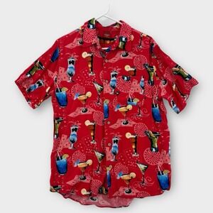 Junction‎ West Hawaiian Shirt Mens Medium Rayon Alcohol Mai Tai Vacation Red